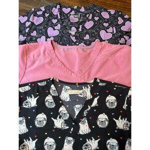Lot of 3 Womens Scrub Tops Revel EliteMed Pink Heart Pug Dog Print Medium Large